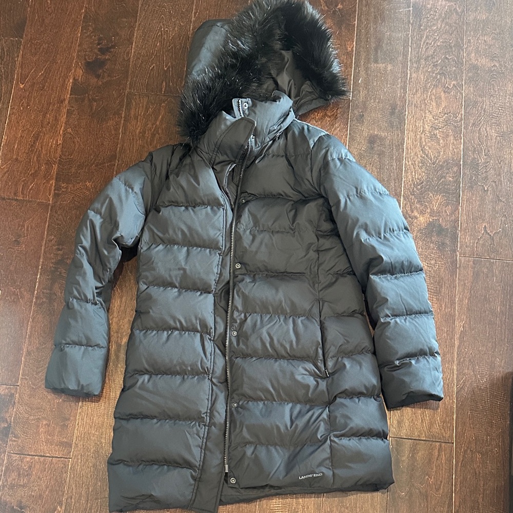 Lands' End Black Long Puffer Coat with Faux Fur Hood